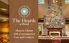 the great fireplace with a column of text on a brown background. The Hearth at Drexel logo is followed by the name, then