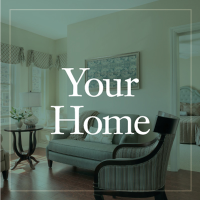 Text on image reads "your home" with a comfortable living room in a senior apartment in the background