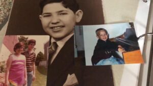 Hearth resident as a young child with accompanying children photos of daughter and grandson 
