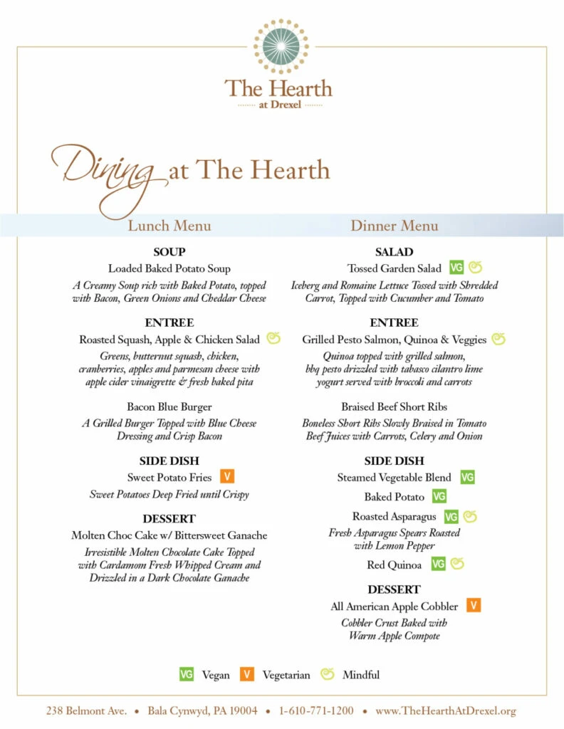 the hearth at drexel's sample lunch and dinner menu